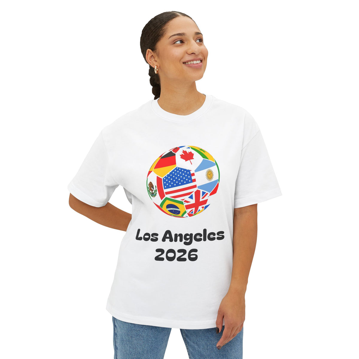 World Cup 2026 Tee — Los Angeles Soccer Ball with Flags (USA Mexico Canada)
