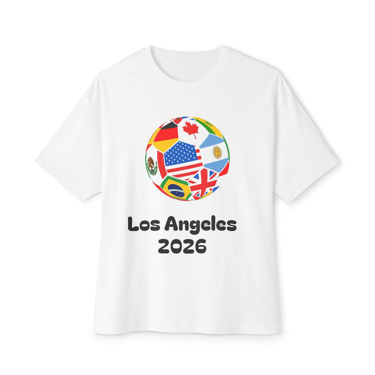 World Cup 2026 Tee — Los Angeles Soccer Ball with Flags (USA Mexico Canada)