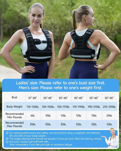 Adjustable Weighted Vest - Comfort Fit, 6-32Lb Removable Weights, Reflective Strips & Mesh Pocket