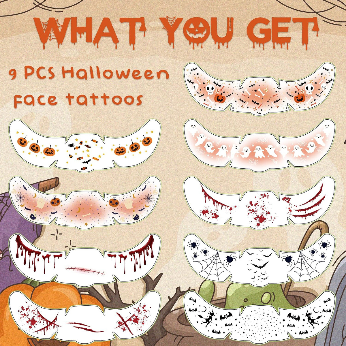 Bat & Freckle Face Tattoos (9-Pack)